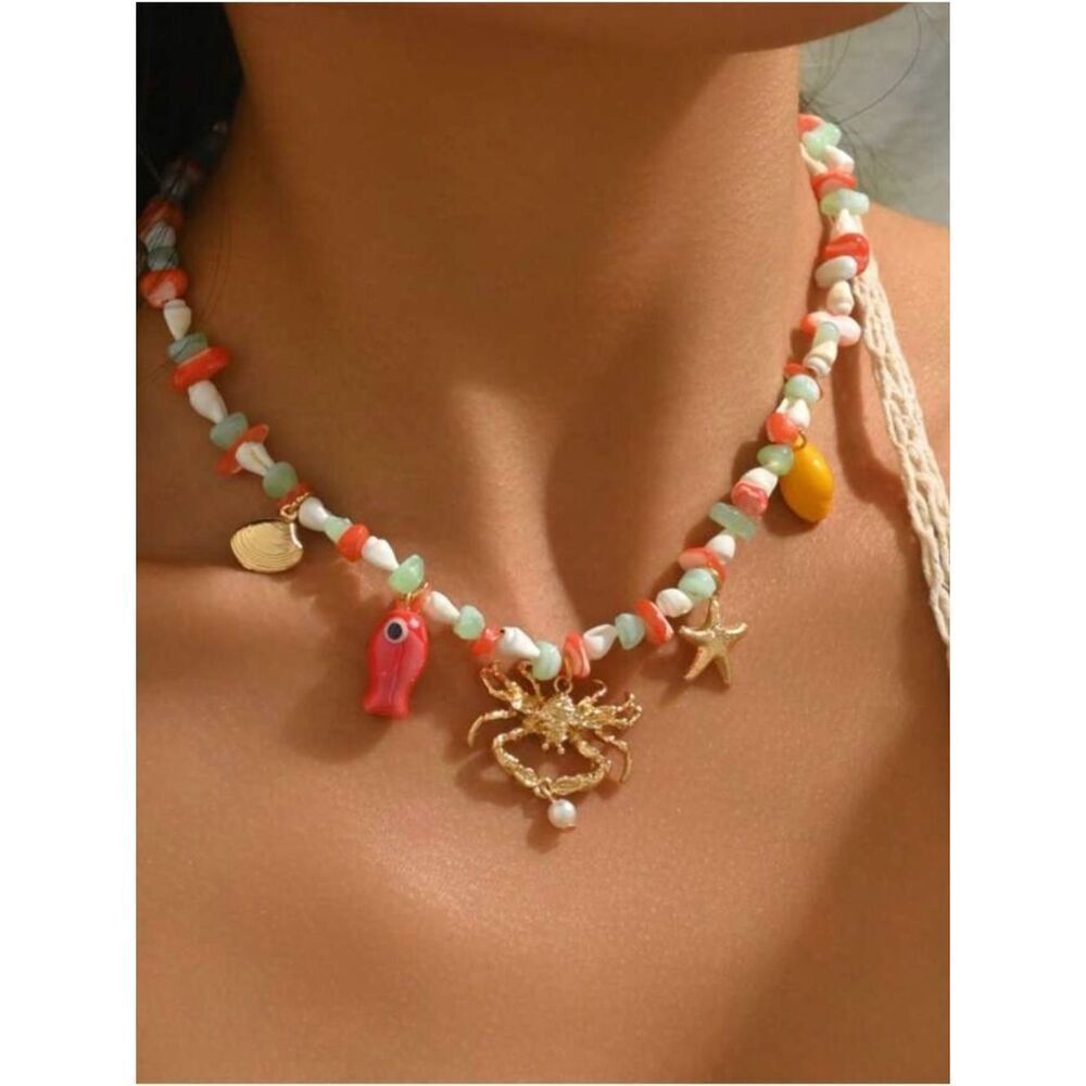 Gold Crab Charm Beaded Necklace A1902
